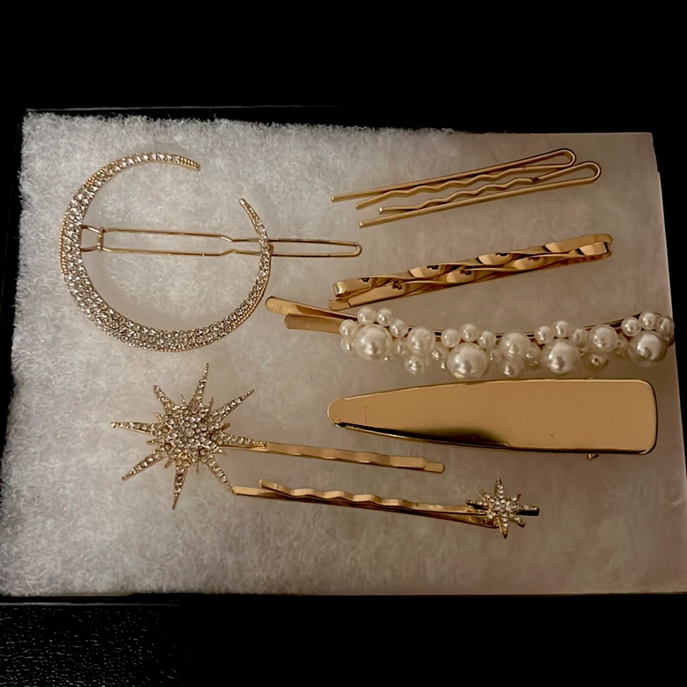 8pc Celestial Pearl Rhinestone Hair Clip Set Wedding Bride Prom Gold